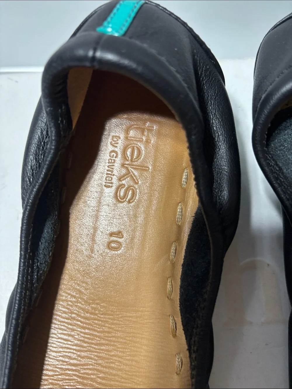 Tieks Black Leather Ballet Flats with Teal Heel Tab - Picture 2 of 7